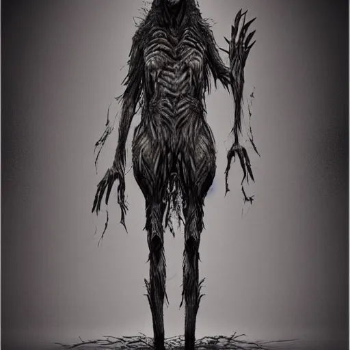 Image similar to tall bipedal creature in the darkness, long claws, large long pointy teeth, drooling, hunched over, hairless, dark cavern, no light, highly intricate, detailed, 8 k