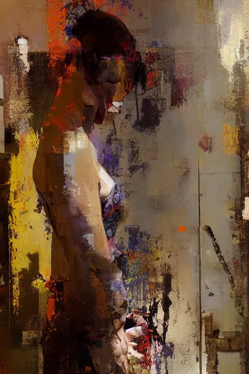 Image similar to a beautiful glitched painting by robert proch and christian hook of a woman in a bathroom mirror, metal rust and plaster materials, brushstrokes by jeremy mann, still life, dark colors