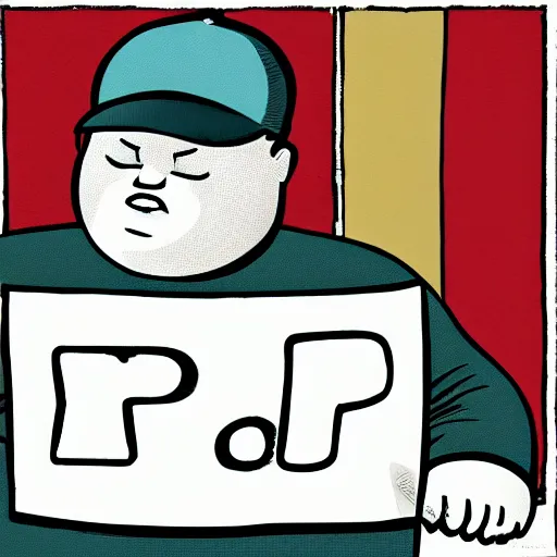 Image similar to obese young man with a t-shirt and cap with the letter P, drawing a comic