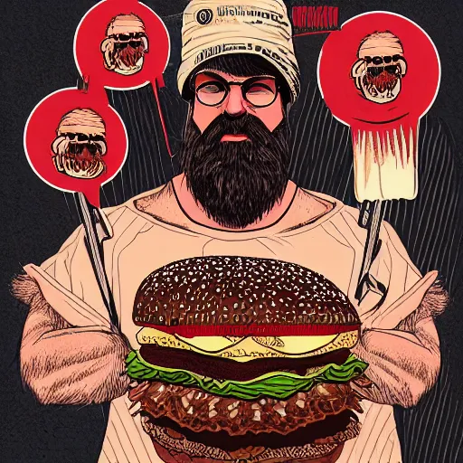 Image similar to beard man angry with italian burger. symmetrical anatomy, intricate details, digital art, baroque, pop punk art style, illustration, fantasy, accompanied by body, without duplication, dribble popular, artstation trending, drawn by ilya kuvshinov and vinicius gud and gustavo zambelli, intricate, balance rendered.