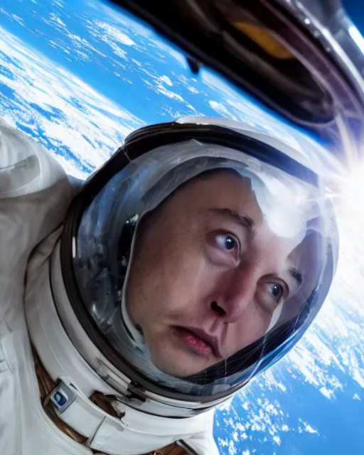 Image similar to elon musk, wearing a space suit and helmet, drives his tesla roadster in outer space, hyperreal, nasa photography, imax, 8 k