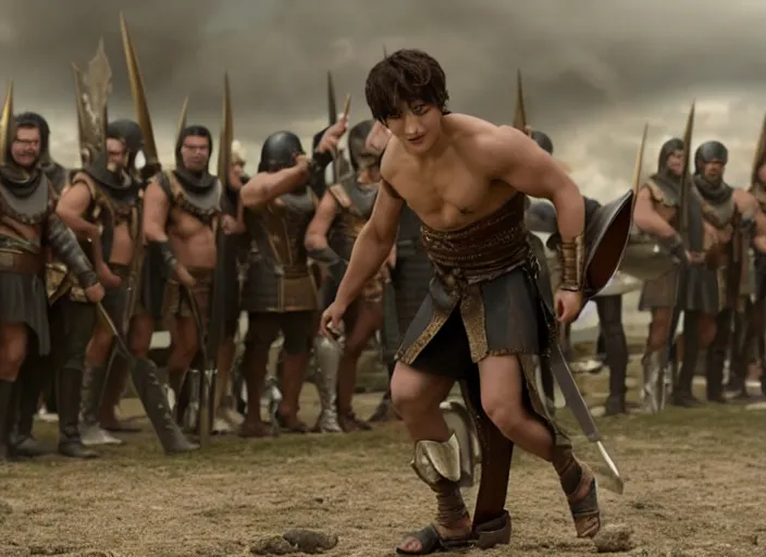 Prompt: film still of jungkook as leonidas in 3 0 0 movie, 8 k