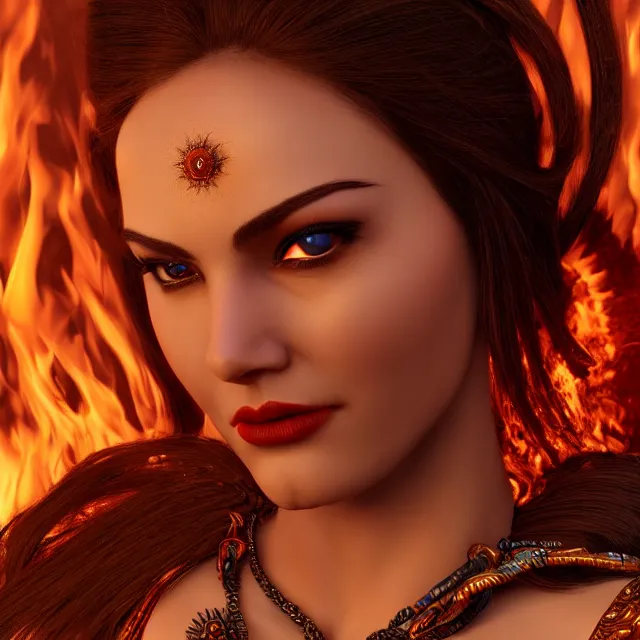 Image similar to perfectly centered close up portrait of goddess of fire, perfect human female specimen, candid photography, by anne stokes and todd mcfarlane, updo, highly detailed, unreal engine 5