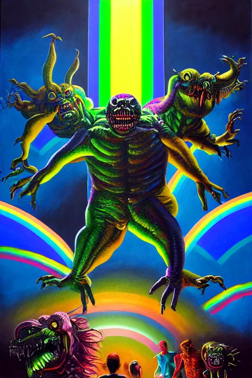 Image similar to a hyperrealistic painting of a boss fight against evil rainbow bright, cinematic horror by chris cunningham, lisa frank, richard corben, highly detailed, vivid color,