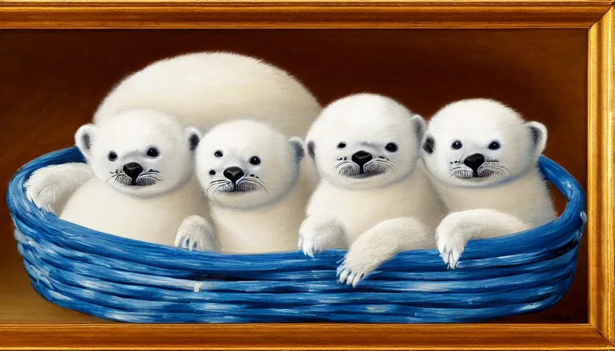 Image similar to highly detailed painting of cute furry white baby seals cuddled up in a basket by william turner, thick brush strokes and visible paint layers, 4 k resolution, blue and white colour scheme