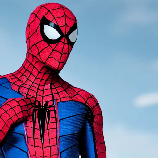 Image similar to fully red spider-man with blue hoodie, 4k realistic photo