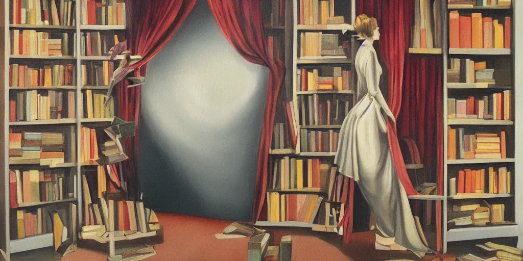 Prompt: surreal painting of a woman getting into a book