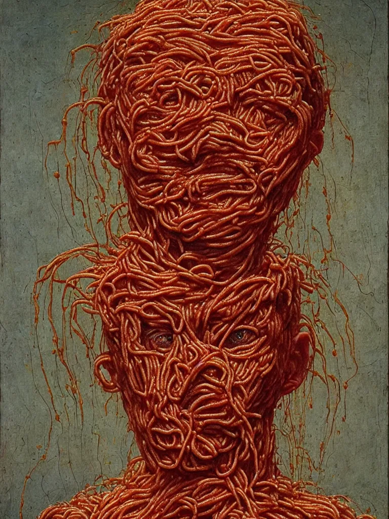 Image similar to a boy made of spaghetti and tomato, looking into camera, screaming in pain, by giuseppe arcimboldo and ambrosius benson, renaissance, intricate and intense oil paint, a touch of beksinski and hr giger and edward munch, realistic