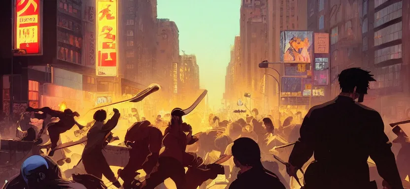 Image similar to riots in the streets of new york, digital painting masterpiece, by ilya kuvshinov, by frank frazetta, by mœbius, by reiq, by hayao miyazaki, intricate detail, beautiful brush strokes, advanced lighting technology, 4 k wallpaper, interesting character design, stylized yet realistic anatomy and faces, inspired by kill bill animated scene