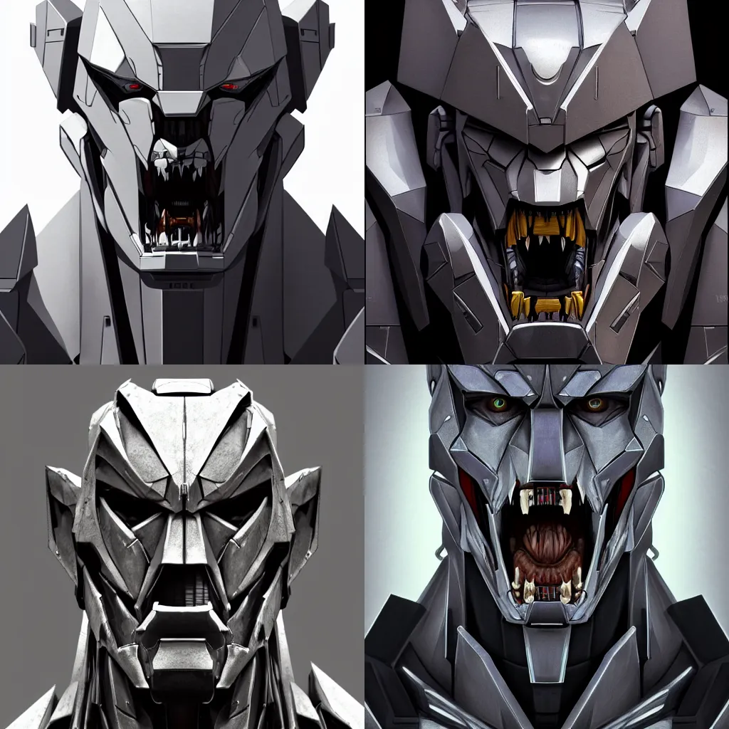 Prompt: Portrait of G1 Megatron (silver humanoid face and handsome!!) Snarling, concept art, mawshot of a handsome male mech elegant beautiful stunning, with sleek silver angular face, facing the camera, by Greg Rutkowski, Gustav Dore, very detailed, Artstation, brave Police J Decker face, mecha, the open maw being highly detailed and soft, micro pov,G6