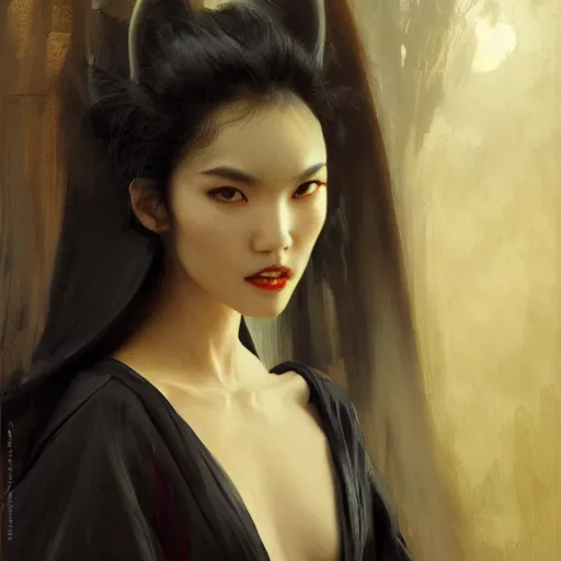 Image similar to detailed cinematic wide shot of beautiful attractive tao okamoto asian vampire woman wearing black bath robe slim face symettrical face clean skin black eyes black robe smooth, sharp focus, ultra realistic, spring light, painting by gaston bussiere, craig mullins, j. c. leyendecker