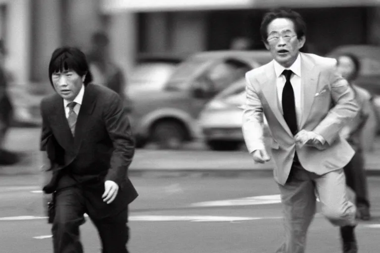 Image similar to cinematography action movie closeup portrait of a Japanese business man carrying his dog running from an explosion in Tokyo by Steven Spielberg