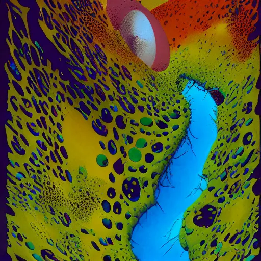 Image similar to striking colours vivid gaps holes neonothopanus creatures landscape hi - res art by roger dean, valley art jagged arches reflections art by michael whelan, liquidart organictextures seedpods hi - res, moebius artwork, futuristic by roger dean hi - res 8 k detailed organic textures