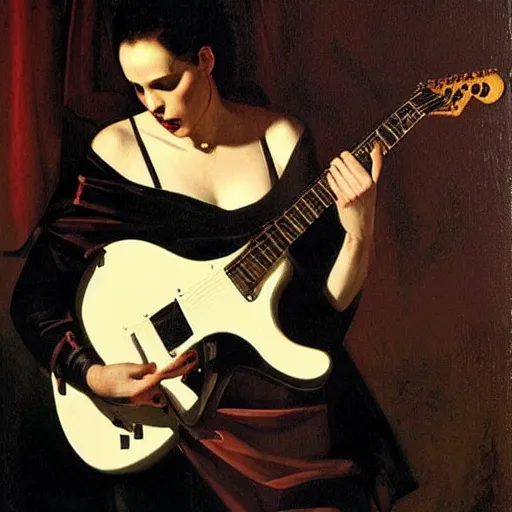 Prompt: Anna Calvi playing electric guitar by Caravaggio and Phil Hale
