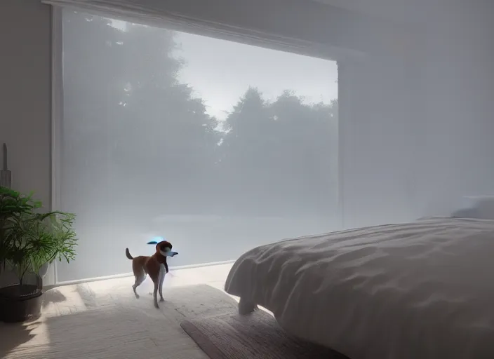 Image similar to photography of a Jack Russel watching outside the window on a bed in a 3d rendered white room, octane render, 3d, foggy, volumetric light, volumetric fog, photorealistic, unreal engine 5