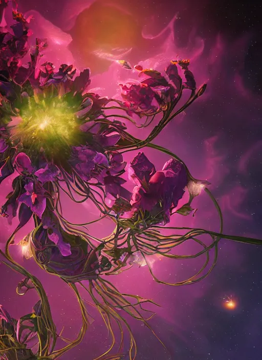 Image similar to An epic fantastic realism comic book style painting of the most beautiful entwined flowers launched across the dark galactic night sky, nebulous bouquets, fisheye lens, unreal 5, DAZ, hyperrealistic, octane render, dynamic lighting