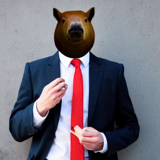 Image similar to smoking cigar, a man wearing a suit capybara head (smoking cigar)