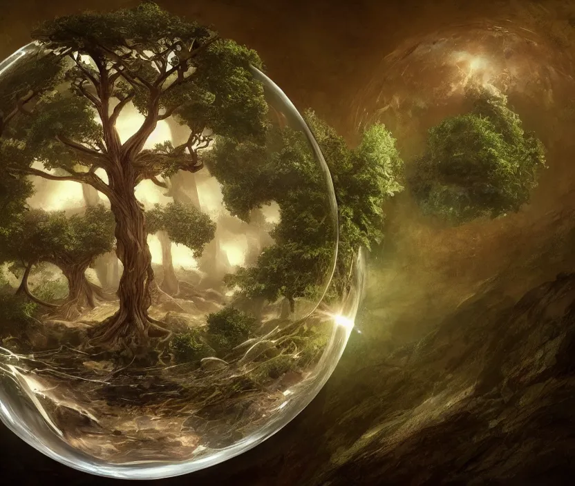 Prompt: The tree of life inside of a glass sphere, fantasy concept art, artstation trending, highly detailed , 8k