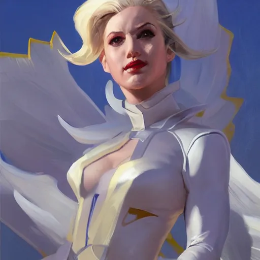 Image similar to Greg Manchess portrait painting of Emma Frost as Overwatch character, medium shot, asymmetrical, profile picture, Organic Painting, sunny day, Matte Painting, bold shapes, hard edges, street art, trending on artstation, by Huang Guangjian and Gil Elvgren and Sachin Teng