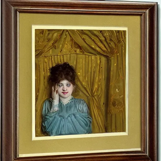 Image similar to young actress looking through the curtain in the theatre by alfred stevens