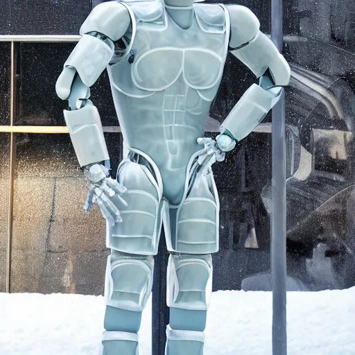 Image similar to made of ice, a realistic detailed photo of a guy who is an attractive humanoid who is half robot and half humanoid, who is a male android, on display, blank stare, showing off his muscles, shiny skin, posing like a statue, by the pool, frozen ice statue, twitch streamer / gamer ludwig, humanoid robot