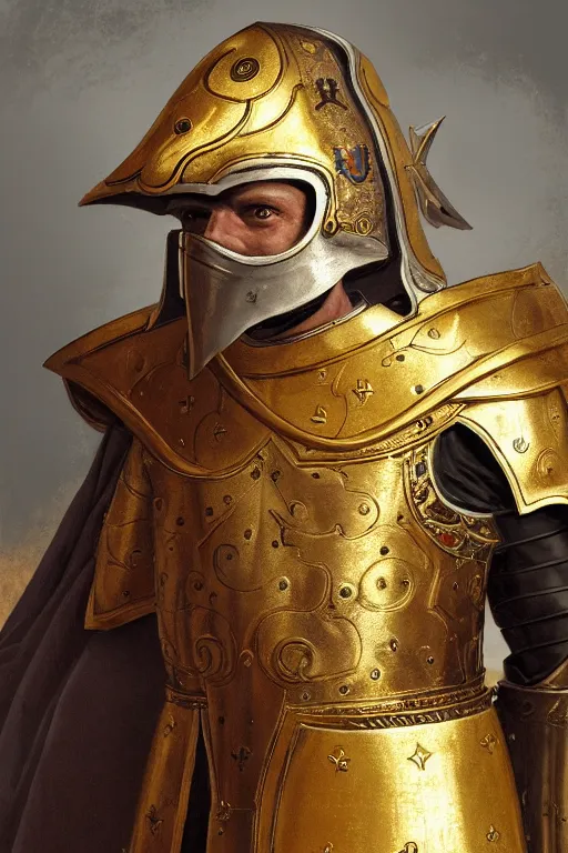 Image similar to man looking forward in decorated with gold baroque style christian crusader armor, cylindrical helmet covering all his face decorated with golden cross on front it's front end and white cape covering half of his body standing at the gates of jerusalem drawn by greg rutkowski realistic high detail