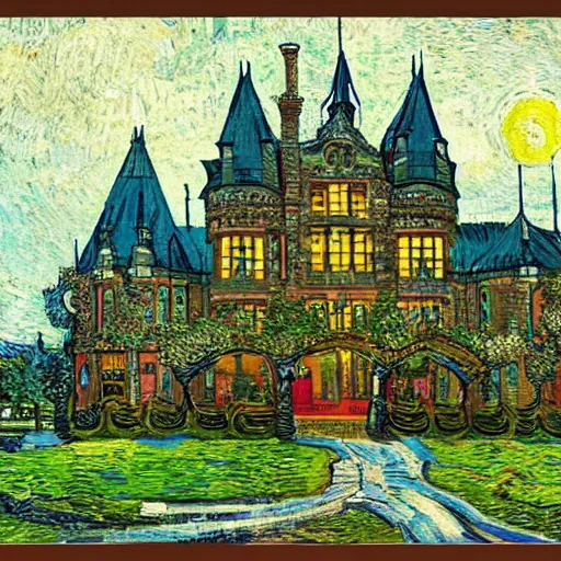 Image similar to A large Victorian castle in the style of Van Gogh