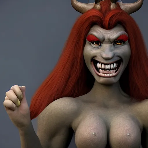 Prompt: portrait, pixar disney, waist-up angle, photo of a beautiful orcish lady, stern expression and proud posture, fantasy orc woman, sharp buck teeth, big eyes, cute smile, 8K studio photography, focus clarity, Full Shot, Strong Person that is pretty