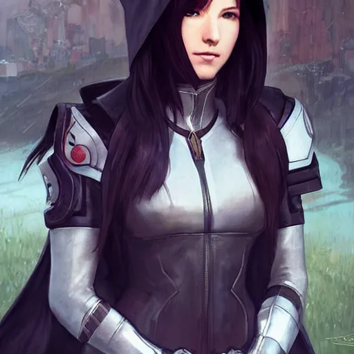 Image similar to tifa lockhart in destiny hunter armor, wearing a hooded cloak, beautiful face!!!!, 2 7 years old, cg animation, realistic, character select portrait, by artgerm, greg rutkowski, alphonse mucha, 3 d