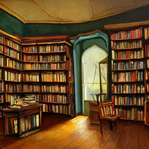 Prompt: magic victorian bookshop painting