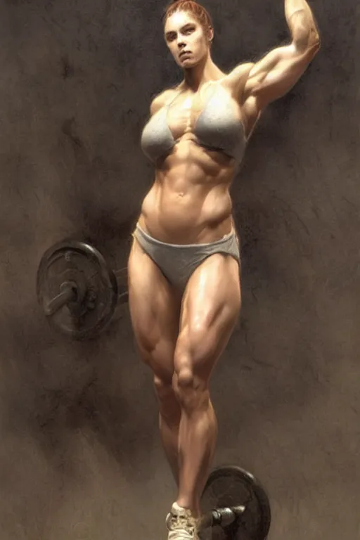 Prompt: muscular heroine, standing in front of a squat rack, with her foot on top of a pile of dumbbells - in the style of greg rutkowski, by Gustave Doré, by Marco Turini, by Artgerm, Deviantart in the style of Tom Bagshaw, Cedric Peyravernay, Peter Mohrbacher by William-Adolphe Bouguereau,4k,