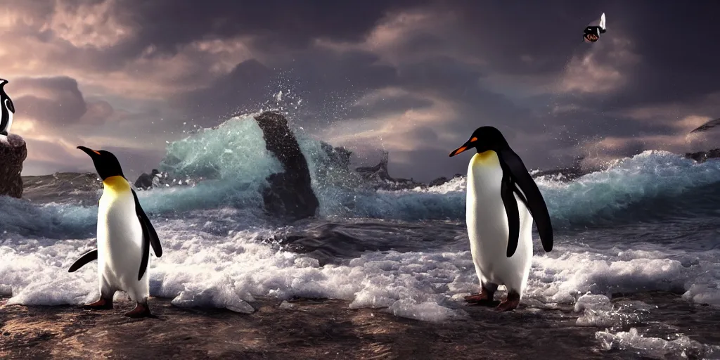 Image similar to Penguin surfing on a bong, realistic 4k octane beautifully detailed render, 4k post-processing, highly detailed, intricate complexity, epic composition, magical atmosphere, cinematic lighting, masterpiece, ultra hd