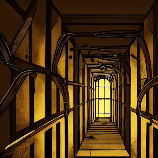 Image similar to a terrifying dark hallway with many doors and many stairs, impending doom, horror, Mc Escher architecture, epic composition, anime key visual