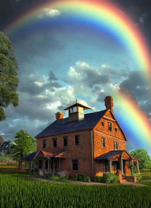 Image similar to a dreamy old homestead in the style of mc escher, hyper realistic art, 4 k, hyper realistic, coherent design, symmetrical, vivid colour, trending on art station, in the style of pi - slices, complementary colour, golden ratio, detailed, sharp lines, intricate, rainbow shift, in unreal 3 d engine, ray tracing, octane render