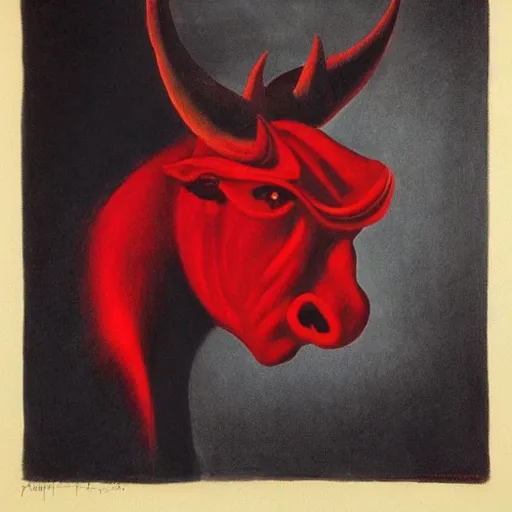 Image similar to a red and evil satan with horns and hooves by Raphael, Hopper, and Rene Magritte. detailed, romantic, enchanting, trending on artstation.