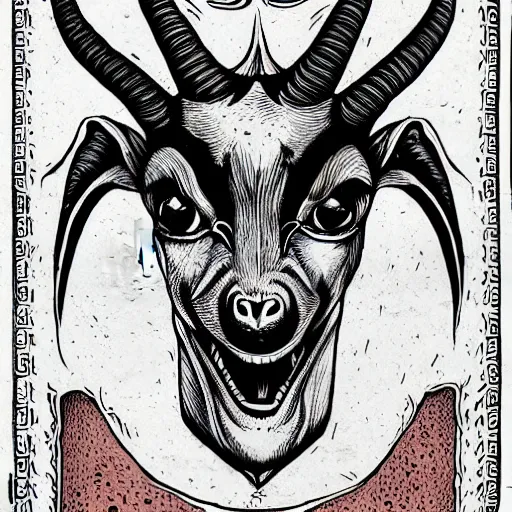Prompt: goat - headed devil, looking at the camera, holding a human head, whose eyes are still wide. symmetrical anatomy, very detailed design, complexity of the picture, with pop punk style, colorful, accompanied by body, pure image without duplication, trending dribble, drawn by vinicius gud and gustavo zambelli