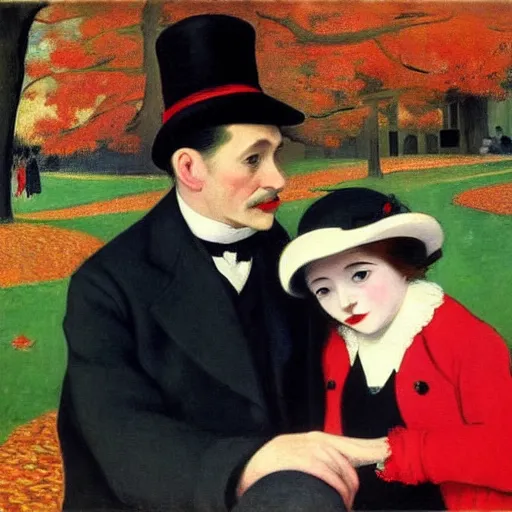 Image similar to a thin man in a black coat and bowler hat talks with small young girl who is dressed in a red coat and a red hat, park, autumn, 1923, wide angle, high detail, in style of edouard manet, 8k, width 768