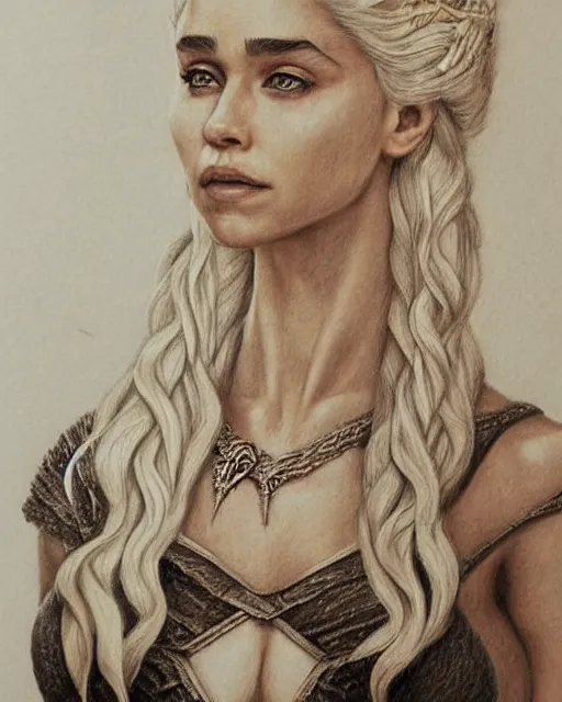 Image similar to pencil drawing of beautiful daenerys targaryen as greek goddess aphrodite with arrowhead jewelry, beautiful piercing eyes, beautiful blonde hair, hyper realistic face, in the style of greg rutkowski, fantasy, amazing detail, epic, elegant, smooth, sharp focus, from the front