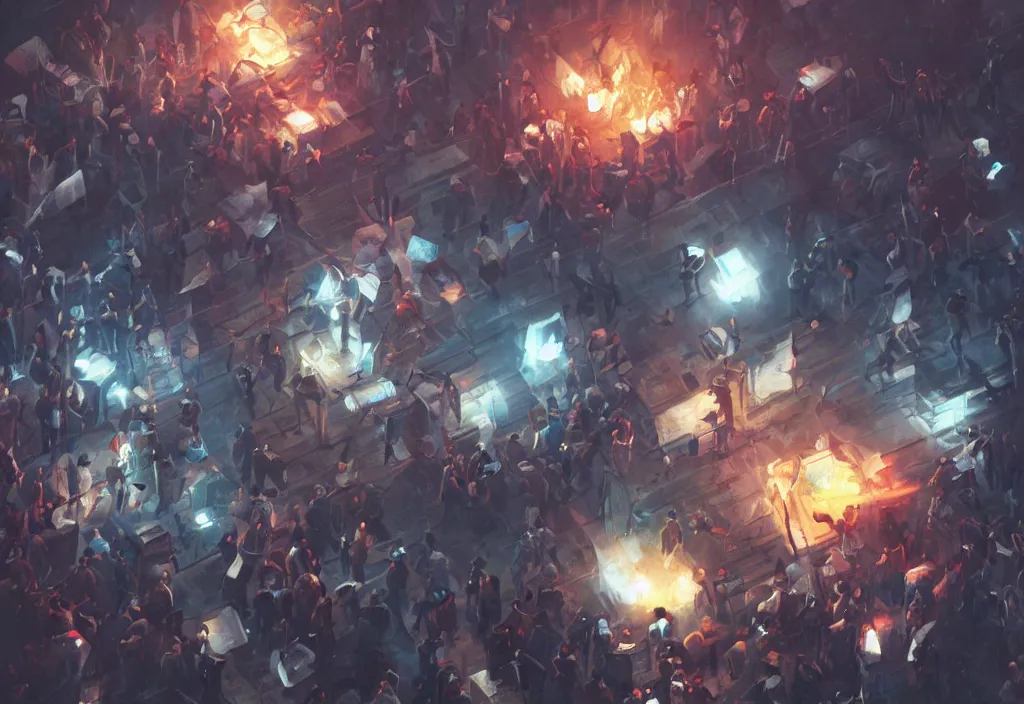 Image similar to angry protesters, detailed digital illustration by greg rutkowski, android netrunner