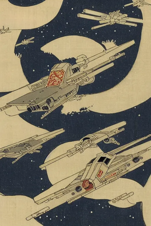 Image similar to Japanese woodblock print of a Star Wars X-Wing , Hokusai