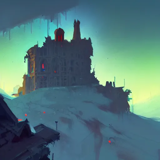 Image similar to concept art of a post - apocalyptic ruined monastery at the top of a mountain, grimy, gritty, trending on artstation, award winning painting, cgi, art by anton fadeev and john howe and guy denning and john harris