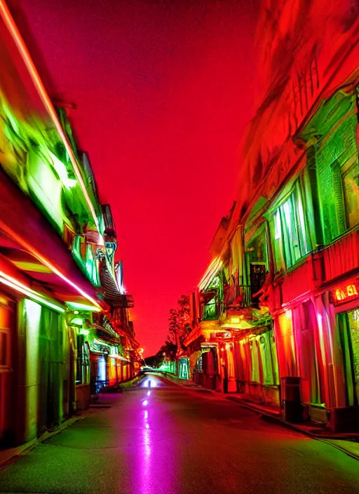 Image similar to Neon night, red lights of the car motion blur, oak alley