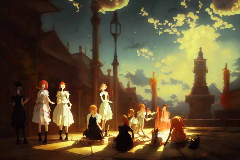 Image similar to baroque oil painting of anime key visual environment concept art of anime maid girl cult summoning gathering sacrifice, brutalist, dark fantasy, rule of thirds, fake hidden detail, trending on pixiv fanbox, acrylic palette knife and brush, style of makoto shinkai studio ghibli genshin impact jamie wyeth james gilleard greg rutkowski