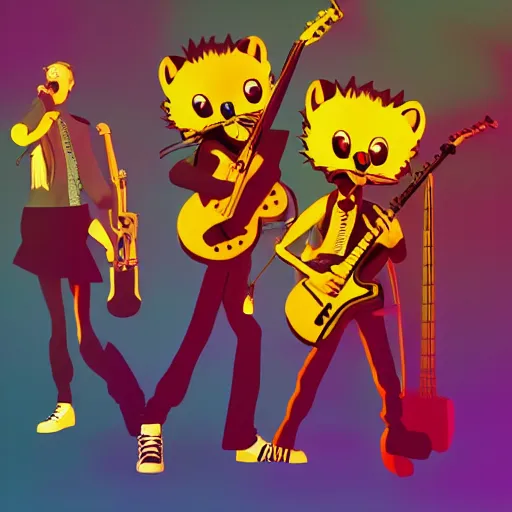 Image similar to bandphoto of anthropomorphic furry musicians, in the style of billelis and james jean and pedro conti and stanley kubrick, inspired by die antwoord, kawaii colors, photorealistic, epic, super technical, 3 d render