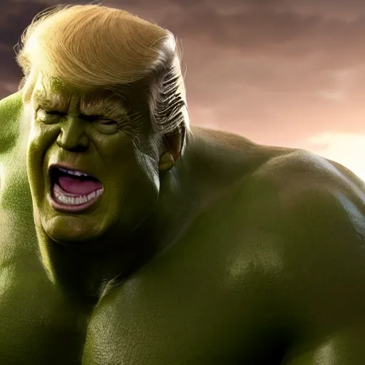 Image similar to Donald Trump cast as hulk, still from marvel movie, hyperrealistic, 8k, Octane Render,