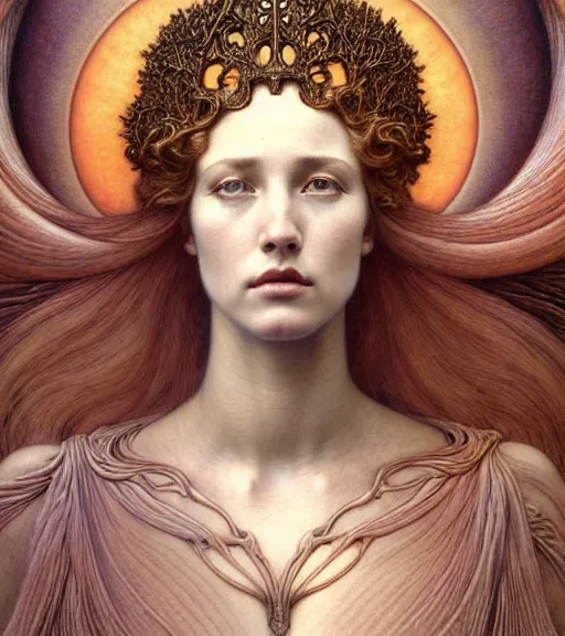 Image similar to detailed realistic beautiful young jessica lang as queen of jupiter face portrait by jean delville, gustave dore and marco mazzoni, art nouveau, symbolist, visionary, gothic, pre - raphaelite. horizontal symmetry by zdzisław beksinski, iris van herpen, raymond swanland and alphonse mucha. highly detailed, hyper - real, beautiful