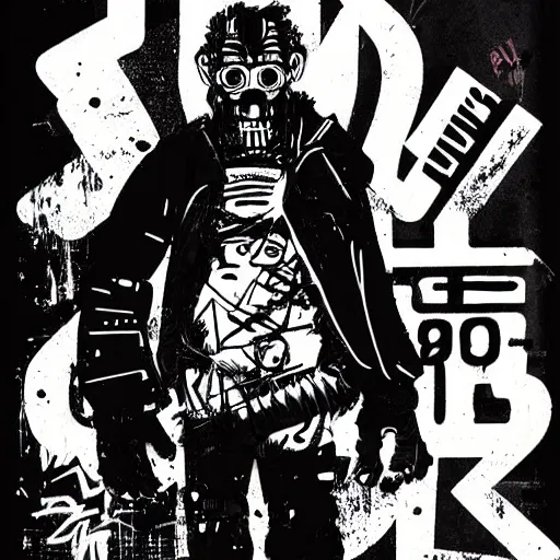 Prompt: Graphic Illustration, Creative Design, Monkey, techwear, Cyberpunk, Full Body Portrait, Character Design, graffiti, by Ashley Wood and Jamie Hewlett