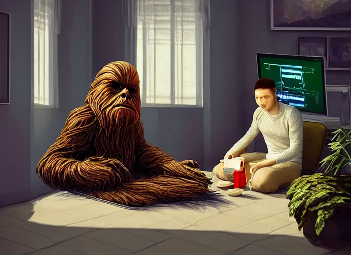 Image similar to wookiee is comfy at home trading crypto with his cat. the charts are at all time highs, gains, green charts, painting by grant wood, 3 d rendering by beeple, wlop