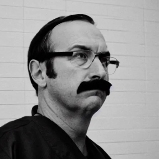 Prompt: black and white county jail mugshot of saul goodman looking defeated, facing forward, with trimmed mustache and glasses, wearing prison jumpsuit