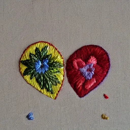 Image similar to a tiny beautiful handmade embroidery of a kiss. hand embroidery.